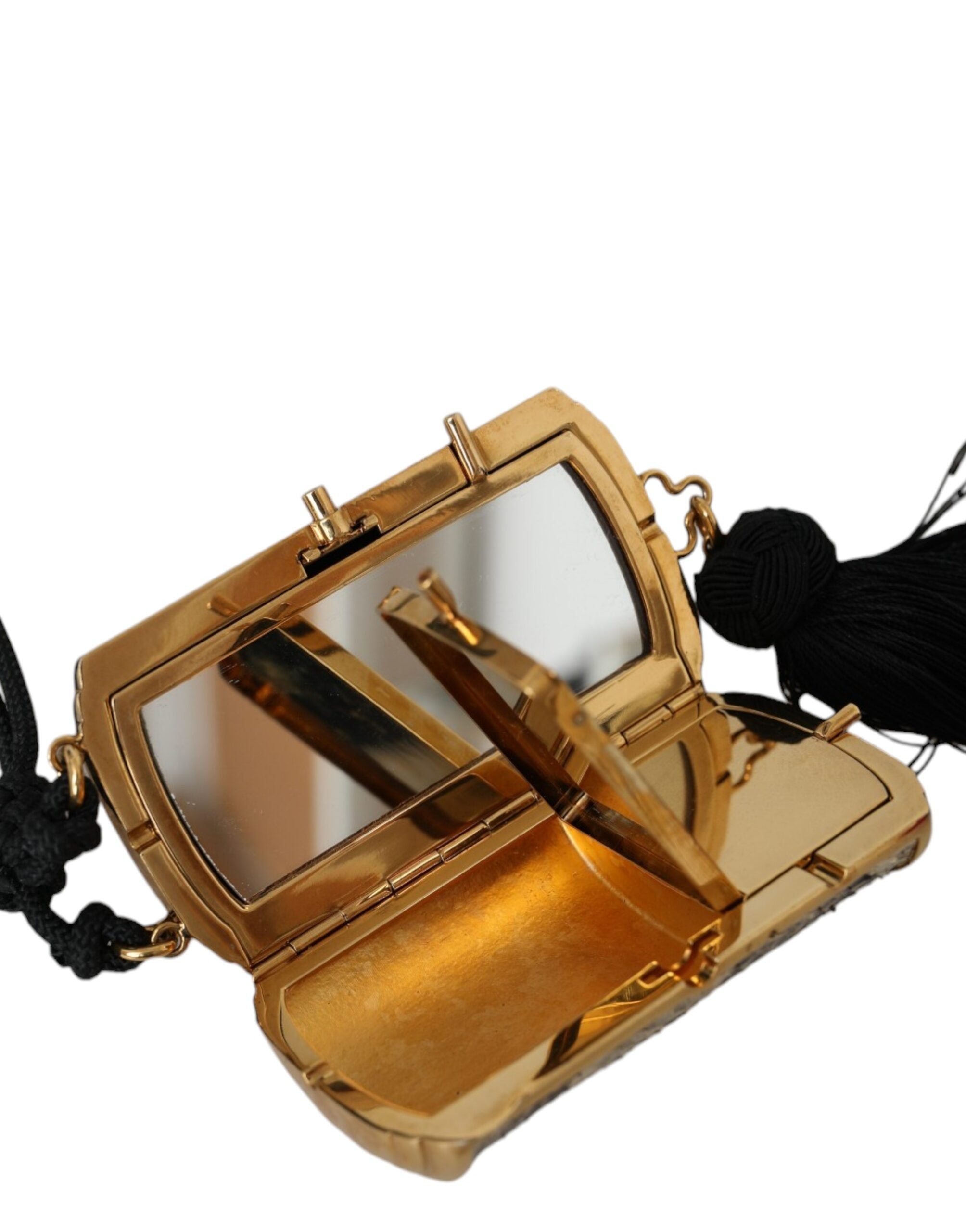 Dolce & Gabbana Beige Exotic Leather Mini Mirror Tassel Makeup Bag